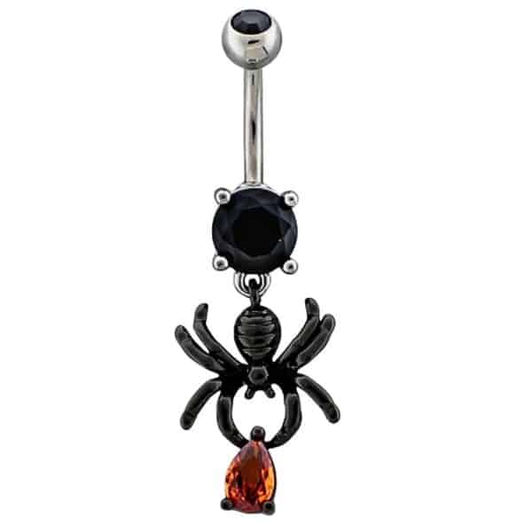 Black Spider Jeweled Belly Bar with blood-red teardrop gem, crafted from 316L Surgical Stainless Steel.