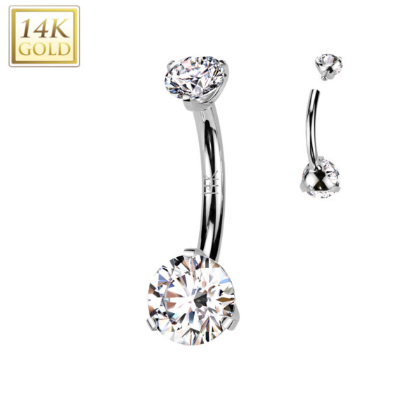 14K White Gold Double CZ Belly Ring – 14GA