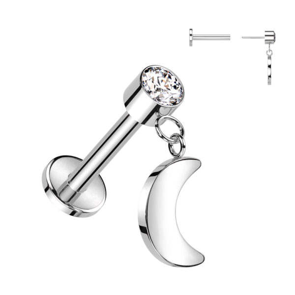 Titanium Threadless Labret with CZ & Moon Dangle