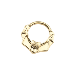 A sleek, gold PVD-plated titanium clicker ring with a smooth, flat design, ideal for daith or septum piercings.