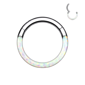 Close-up of the Luna Opal Clicker, a titanium 16g (1.2mm) hinged ring with a 6mm inner diameter, featuring a luminous white opal accent.