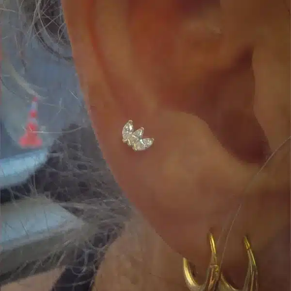 14KT Yellow Gold & Clear Cubic Zirconia Marquise Threadless Labret in Lower Lobe Piercing.