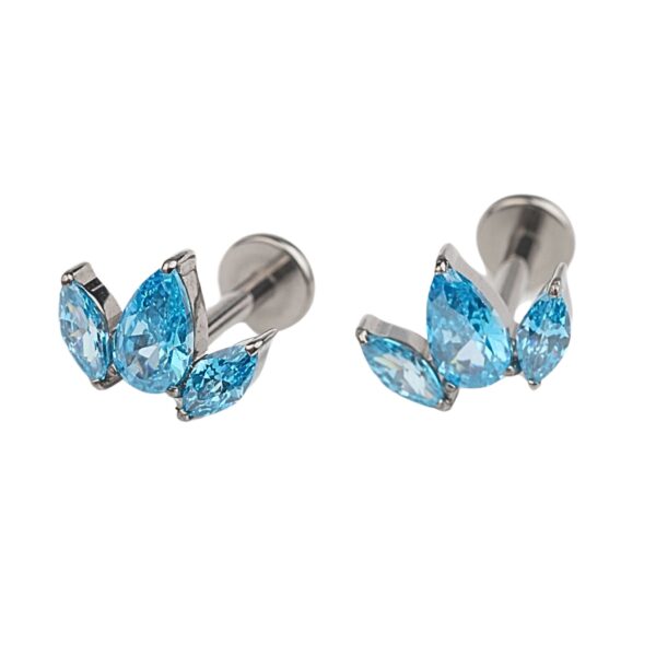 Titanium aqua labret with marquise-cut cubic zirconia, 16g, 8mm, hypoallergenic, internally threaded jewelry for conch, helix, lobe, or flat piercings.