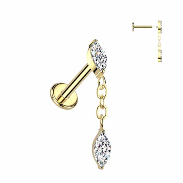Gold titanium dangle labret with a clear cubic zirconia and 16mm drop, 16g thickness, 6mm bar. A great choice for a helix or lobe piercing.