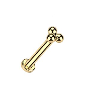 Gold titanium trinity sphere labret earring with an internally threaded design, 16g thickness, and 8mm length. Hypoallergenic and suitable for multiple piercings.