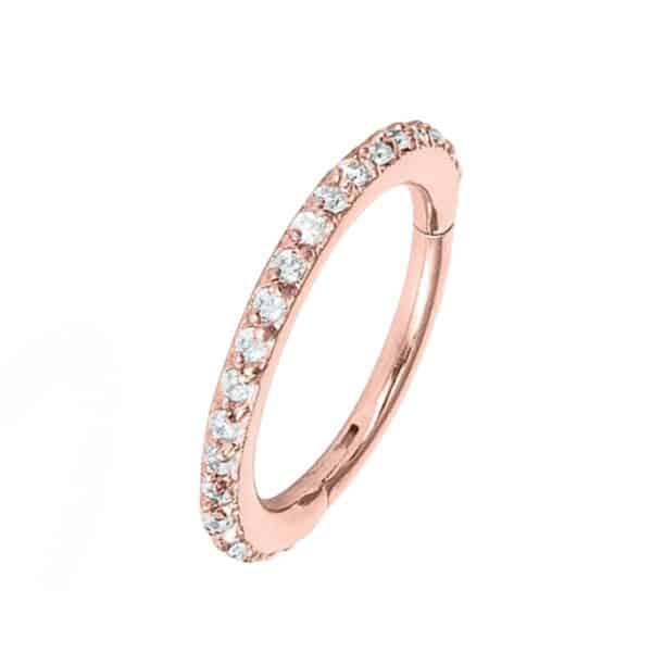 Rose gold titanium hinged ring, 16g with cubic zirconia, 10mm diameter.