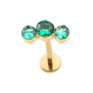 Triple emerald cubic zirconia titanium labret jewelry, 16G, 8mm, internally threaded.