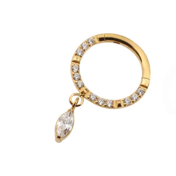 Gold titanium hinged ring with cubic zirconia gems and a marquise-cut drop charm, 16g 8mm, for helix, mid-helix, or lobe piercings.