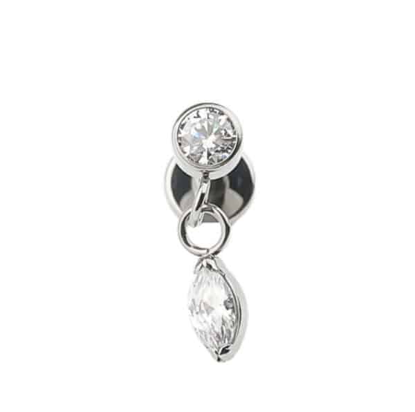 Titanium internally threaded labret with a cubic zirconia teardrop dangle