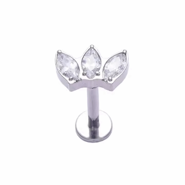 silver titanium labret with three clear marquise-cut cubic zirconia gems in an arc