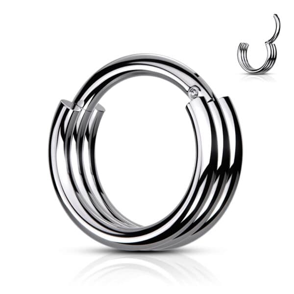 silver titanium hinged ring with triple-groove design in 16g, available in 10mm and 12mm sizes