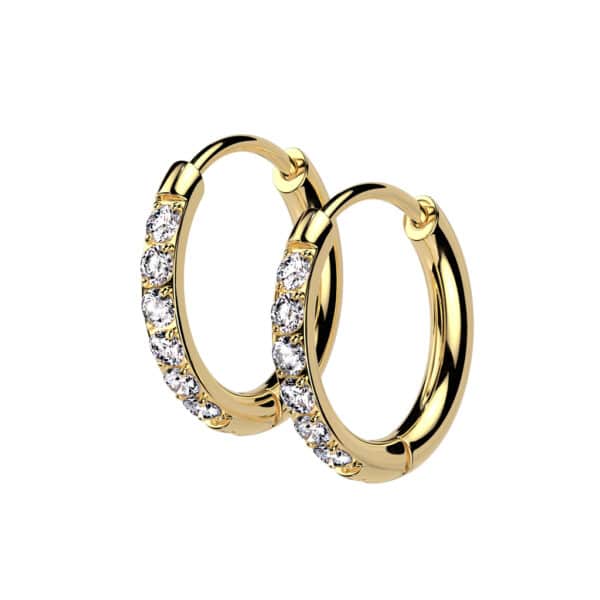 Pair of gold 316L stainless steel hoop earrings with clear CZ pave