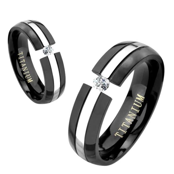 Black crystal titanium ring with tension-set CZ
