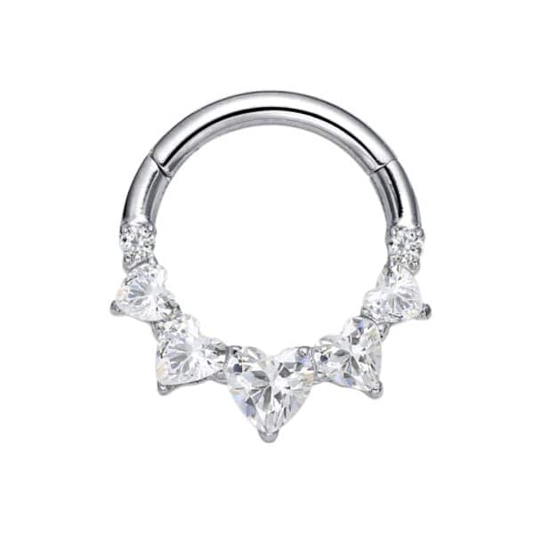 Silver titanium hinged ring with heart-shaped clear cubic zirconia gems, 16g thickness, 8mm diameter