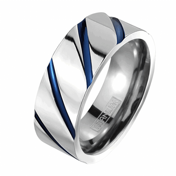 Solid blue IP titanium striped band ring, size 11