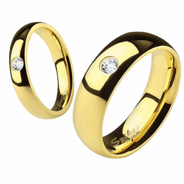 Unisex gold titanium band ring with single CZ, 4mm wide, size 7