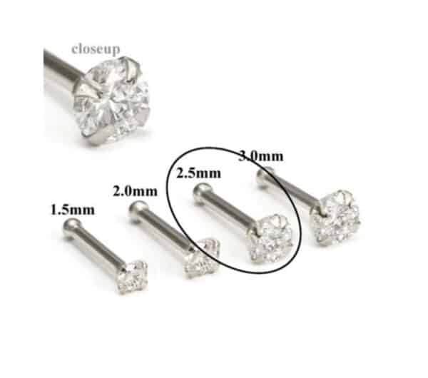 14kt white gold 2.5mm diamond nose bone for healed nose piercing