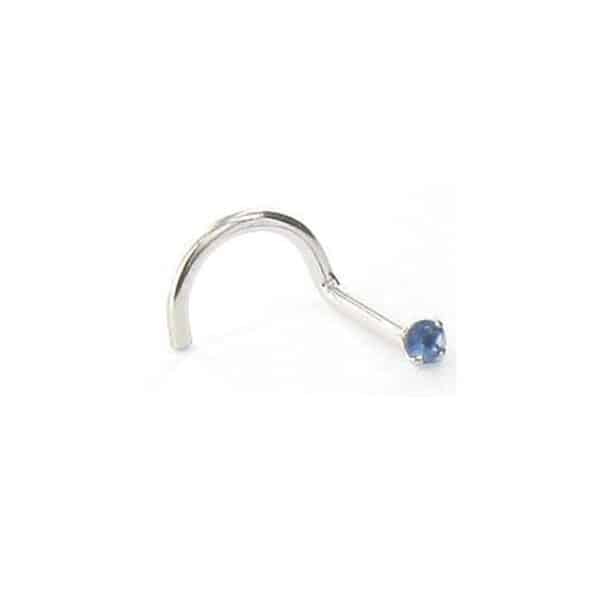 14kt white gold nose stud with 1.5mm CZ-sapphire flat-set gem, suitable for healed nostril piercings