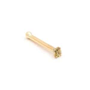 14kt yellow gold nose pin with 1.5mm peridot-colored gem in a martini-style low-profile setting for healed nostril piercings
