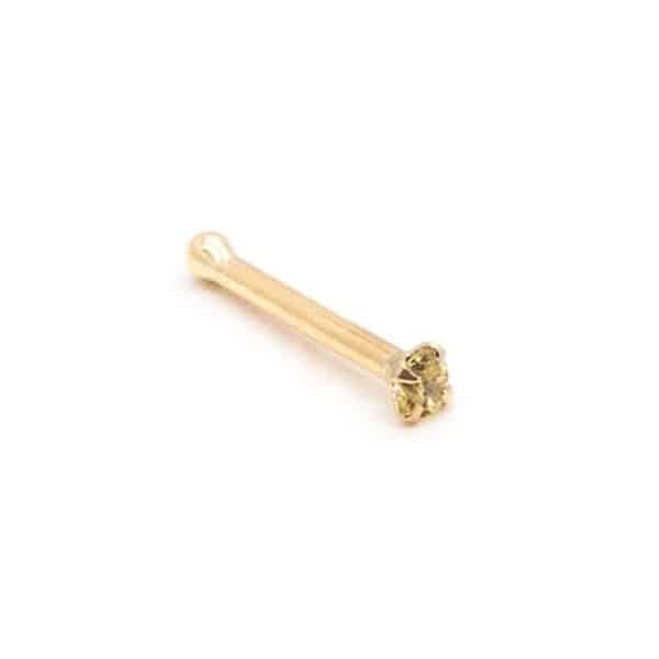 14kt yellow gold nose pin with 1.5mm peridot-colored gem in a martini-style low-profile setting for healed nostril piercings