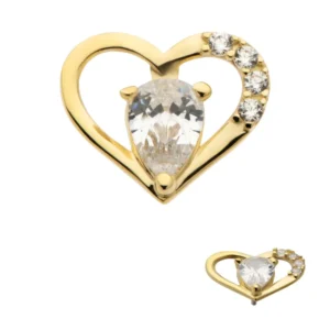 14Kt yellow gold threadless heart top with teardrop and round CZs