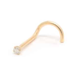 14kt yellow gold 2.5mm CZ nose stud with prong setting and 7mm 20g post for healed nostril piercings
