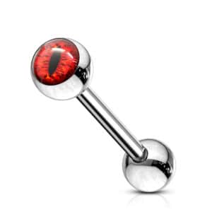 Red dragon eye tongue barbell with 5mm ball on silver stainless steel