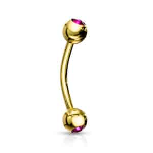 Gold stainless steel curved barbell with a fuchsia CZ gem, externally threaded, designed for eyebrow and rook piercings.