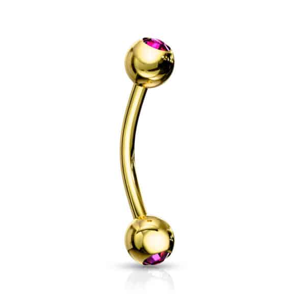Gold stainless steel curved barbell with a fuchsia CZ gem, externally threaded, designed for eyebrow and rook piercings.