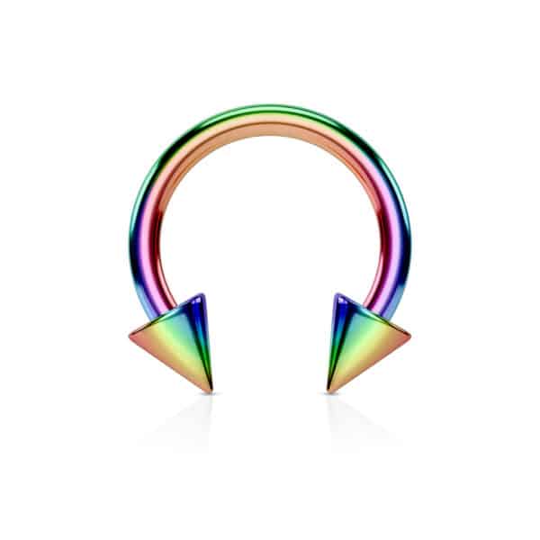 Rainbow spiked circular barbell in stainless steel, large gauge body jewellery