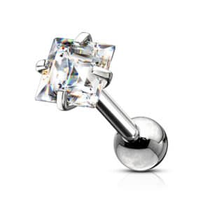 Square clear jewel stainless steel cartilage barbell earring in 3mm and 4mm sizes