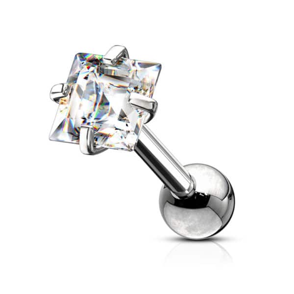 Square clear jewel stainless steel cartilage barbell earring in 3mm and 4mm sizes