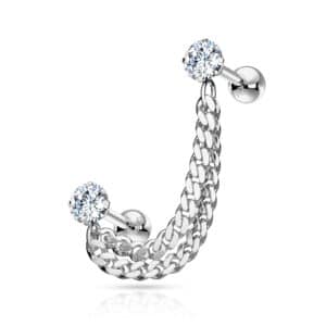 Silver stainless steel double stud ear piece with two 5mm CZ gems connected by a double chain.