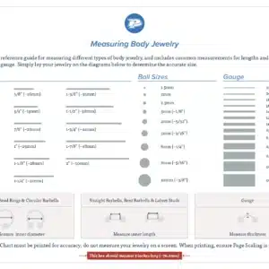 Body jewelry size chart showing gauge thickness, bar lengths, and ring diameters for healed piercings