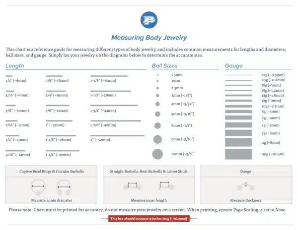 Body jewelry size chart showing gauge thickness, bar lengths, and ring diameters for healed piercings