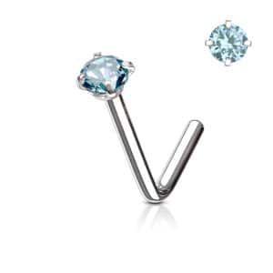 Silver nose stud with 2mm aqua gem, 18g, 6mm length