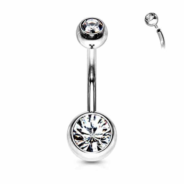 Silver titanium belly bar with clear cubic zirconia, 14g 12mm internally threaded