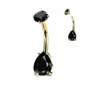 Black teardrop gem belly bar in gold stainless steel