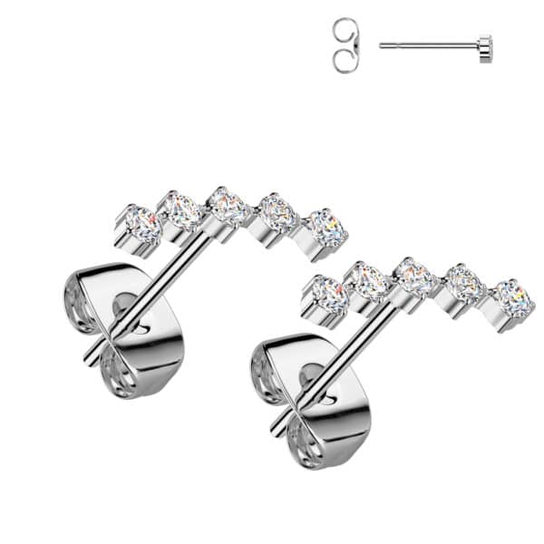 Curved stainless steel earrings with five clear CZ stones