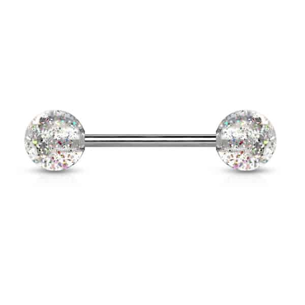 Titanium tongue barbell with ultra glitter acrylic balls, 14GA, 16mm length