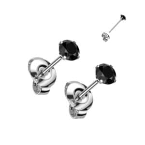 Pair of silver titanium ear studs with black zircon jewels for healed lobe piercings