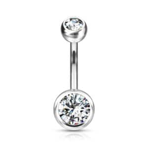 Short silver titanium belly bar with clear zircon jewel and 5mm/8mm balls