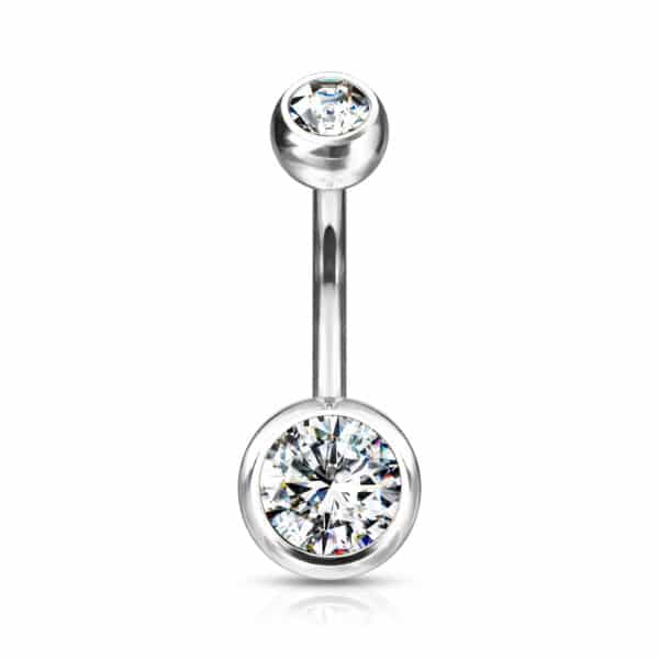 Short silver titanium belly bar with clear zircon jewel and 5mm/8mm balls