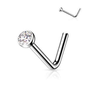 Titanium L-bend nose stud with 2mm clear cubic zirconia gem, 20g