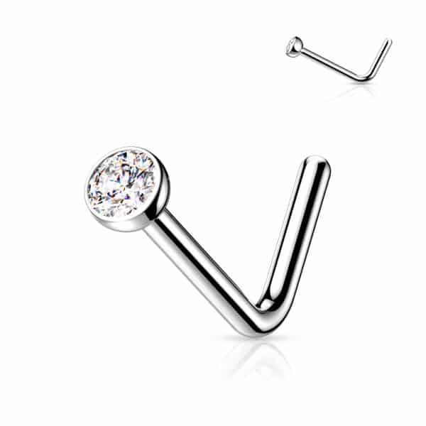 Titanium L-bend nose stud with 2mm clear cubic zirconia gem, 20g