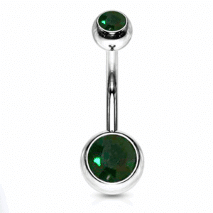 Silver titanium belly bar with emerald green Czech crystal ball ends
