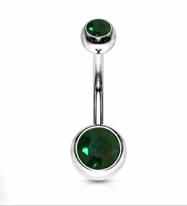 Silver titanium belly bar with emerald green Czech crystal ball ends