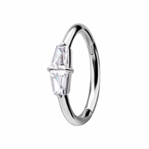 Silver titanium hinged ring with baguette-cut cubic zirconia for lip, conch, helix, or lobe