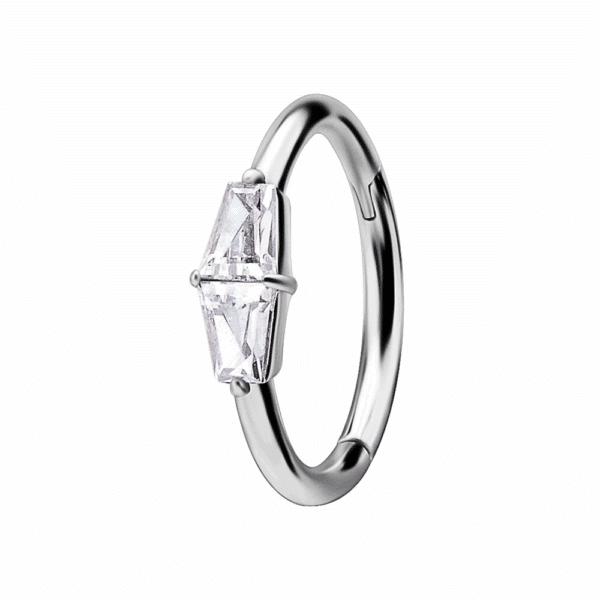 Silver titanium hinged ring with baguette-cut cubic zirconia for lip, conch, helix, or lobe