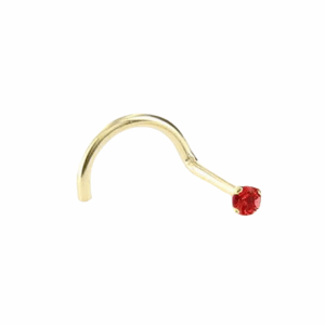 14kt yellow gold nose screw with 2.0mm light Siam CZ in martini-style setting, laying flat against the nostril